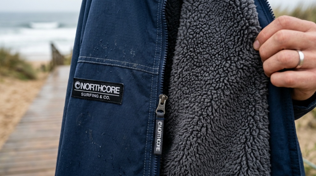 Close up of a windproof surf poncho showing fleece lining and waterproof exterior.