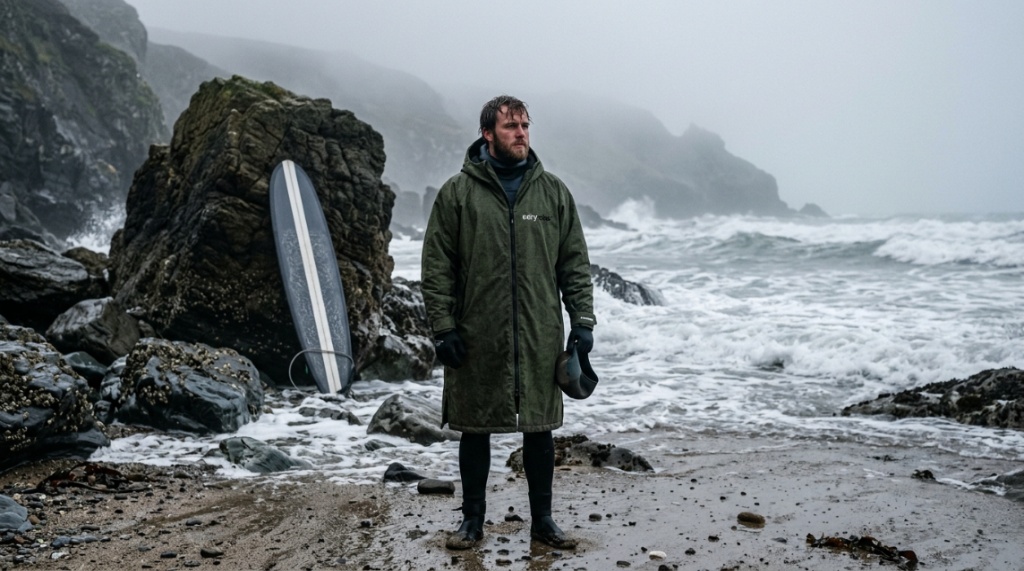 Surfer wearing a hooded windproof surf poncho on a misty cold water beach.
