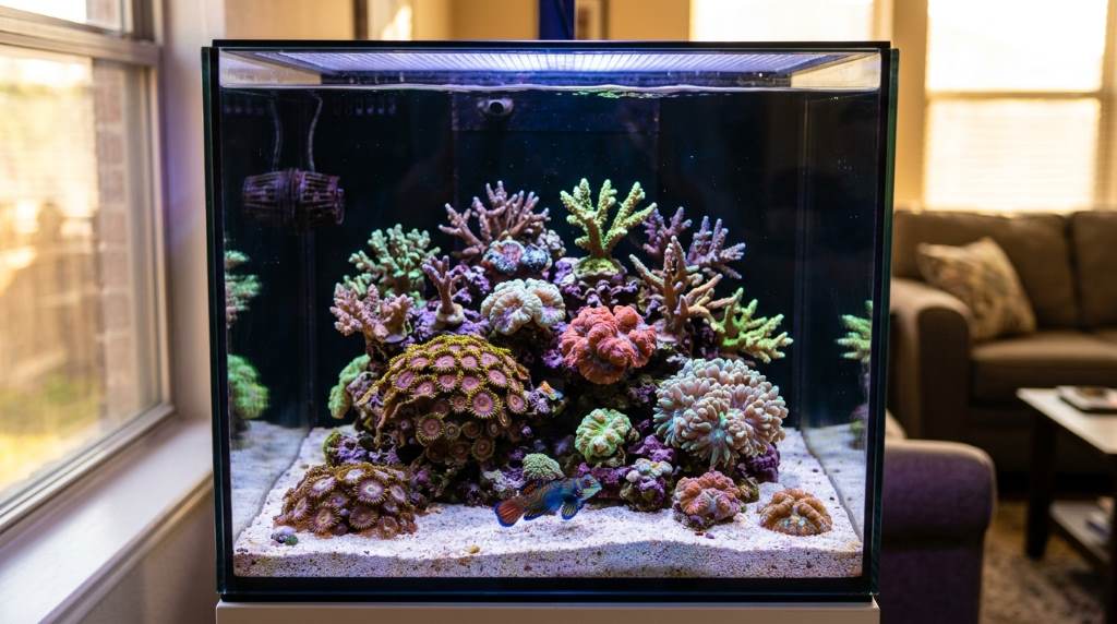 Aquarium powerhead creating gentle water flow around coral colonies