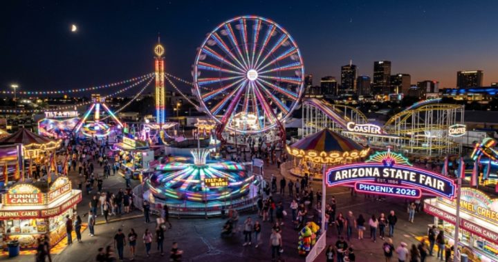 Arizona State Fair 2026 midway rides lit up at night in Phoenix