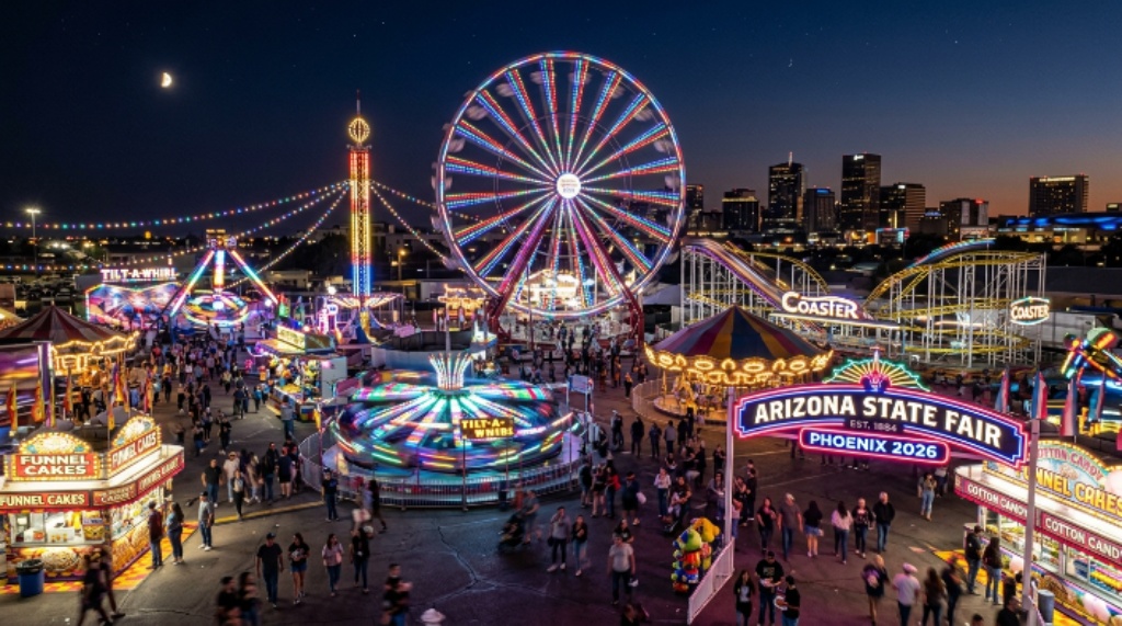 Arizona State Fair 2026 midway rides lit up at night in Phoenix