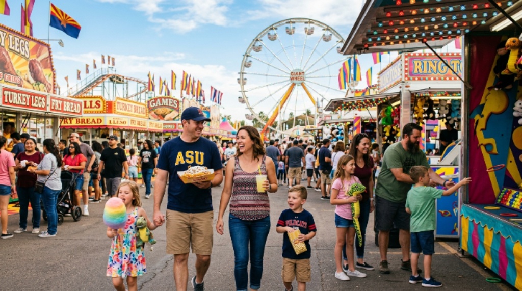 Families enjoying fair food and games at the Arizona State Fairgrounds