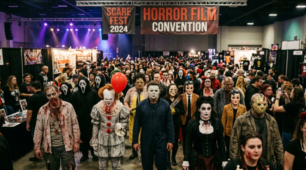 Crowd of costumed attendees at a horror film convention