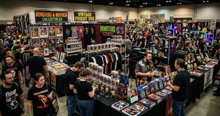 Horror convention dealer room filled with vendors and collectibles