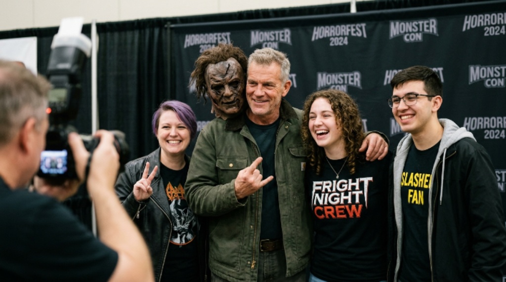 Fans posing for a photo op with a horror movie actor
