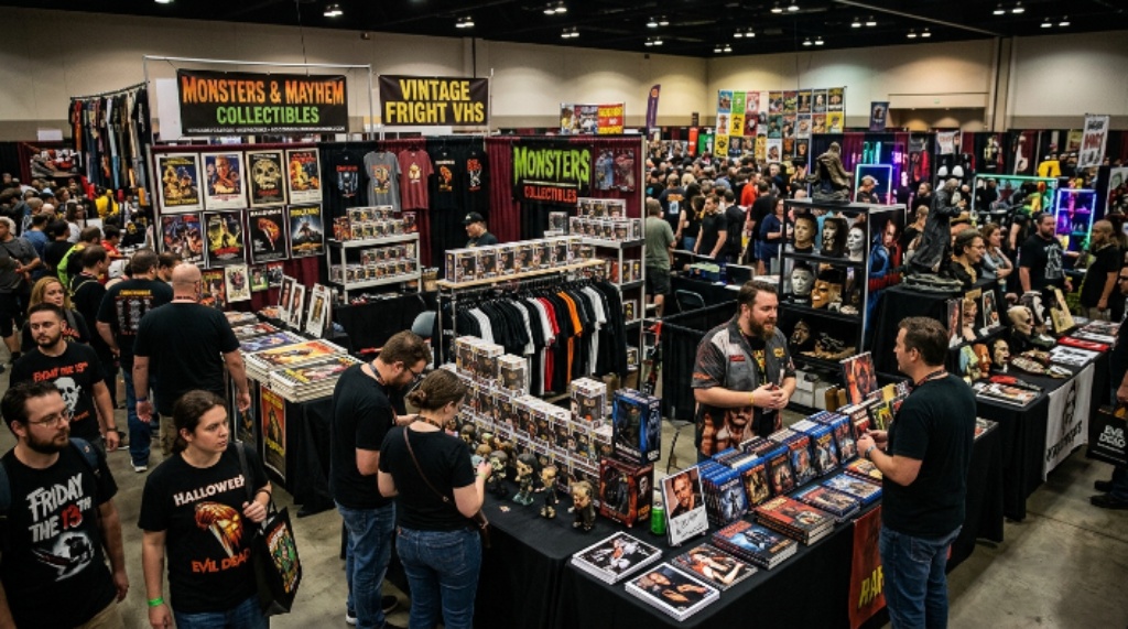 Horror convention dealer room filled with vendors and collectibles