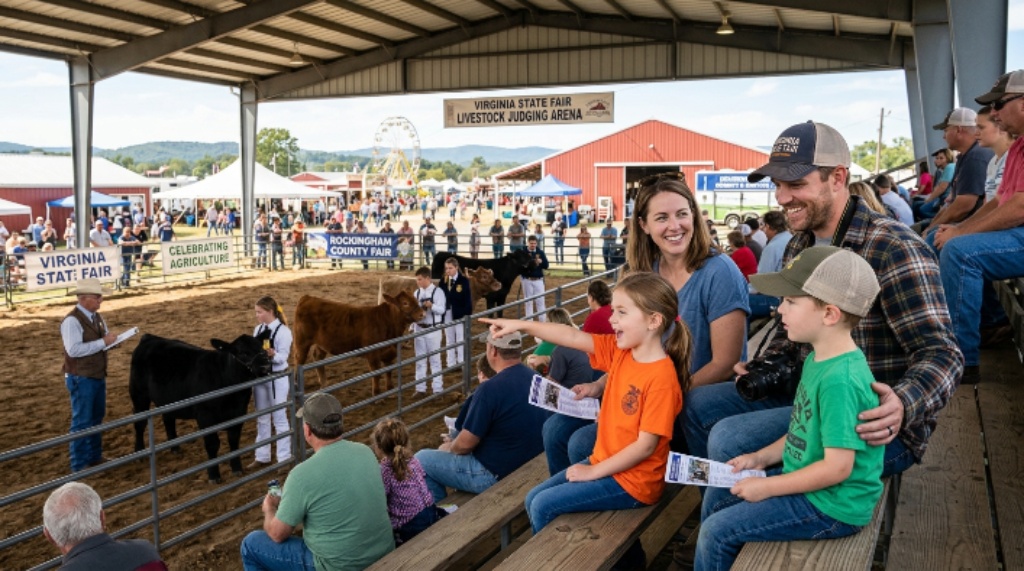 Family watching a livestock judging event at a Virginia fairground