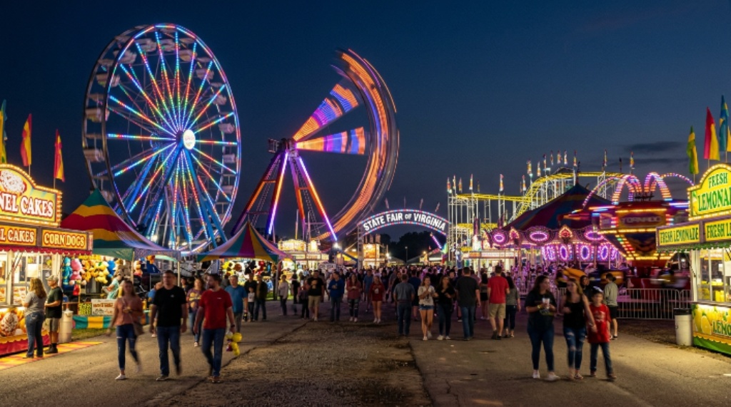 Carnival rides lit up at the State Fair of Virginia midway at night