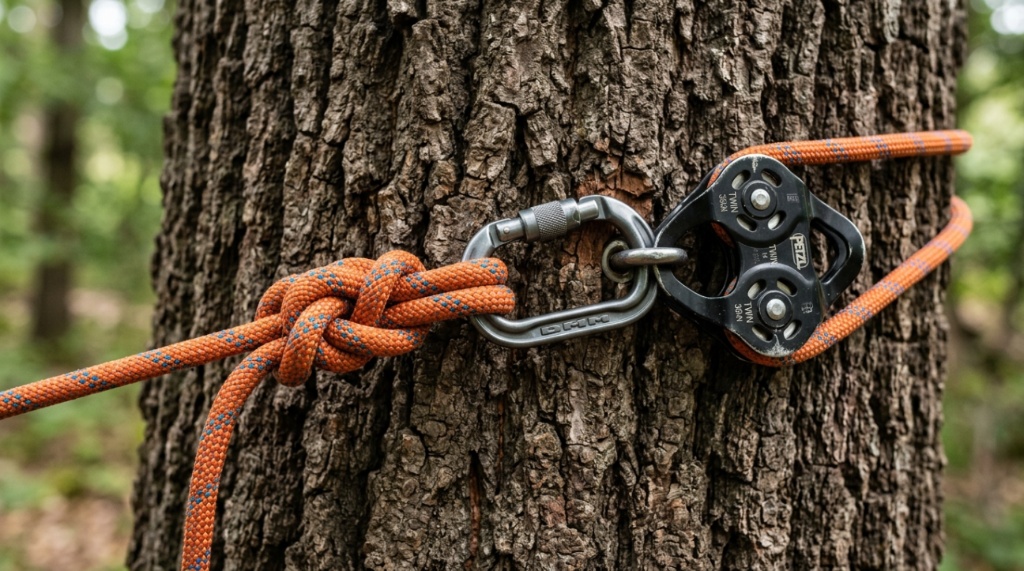 Carabiners and climbing ropes arranged on tree bark.