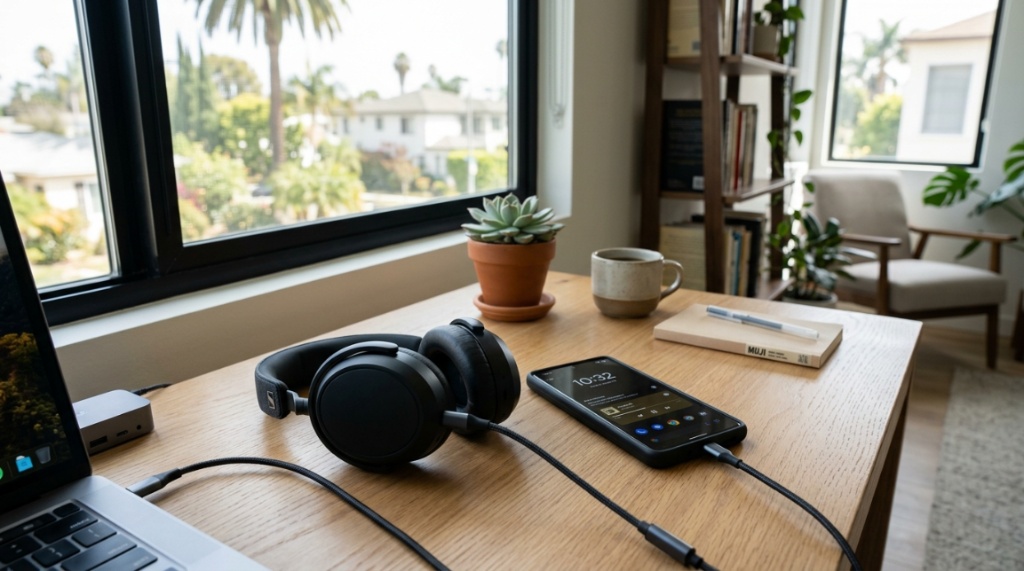 Modern USB-C headphones resting on a minimalist desk near a sunny window.