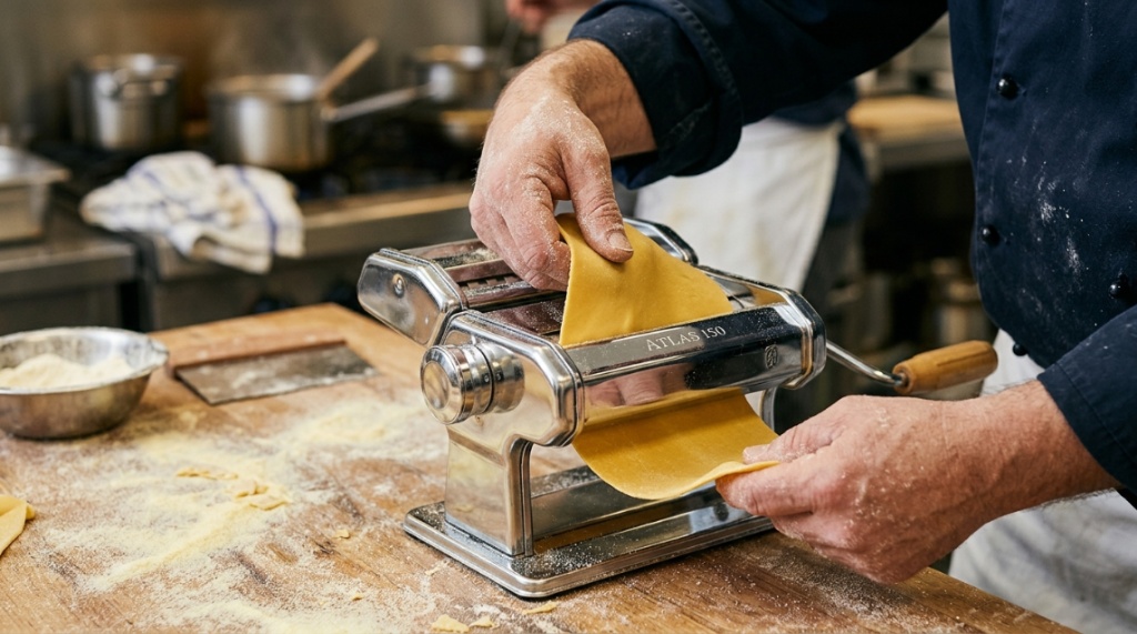 Stainless steel pasta maker on a bright modern kitchen countertop.