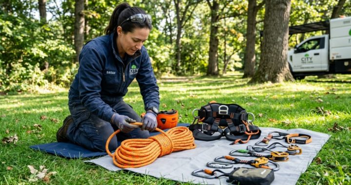 Arborist inspecting a safety climbing rope kit outdoors.