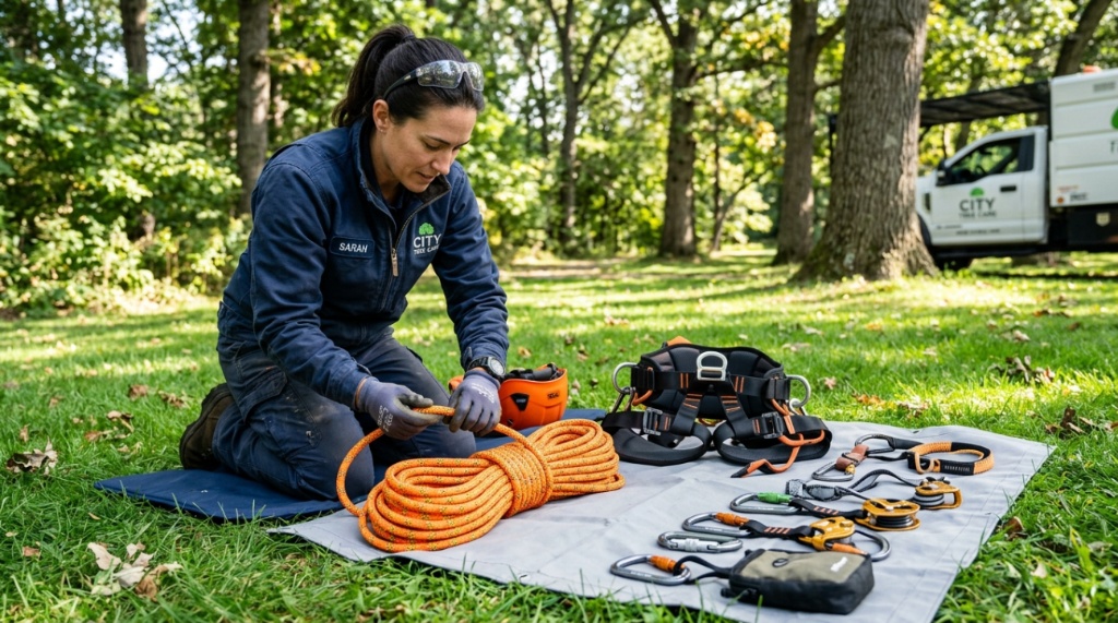 Arborist inspecting a safety climbing rope kit outdoors.