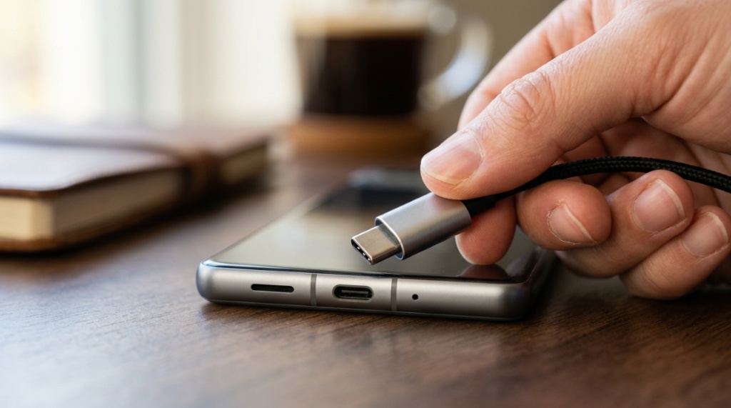 Person plugging a USB-C headphone cable into a smartphone.