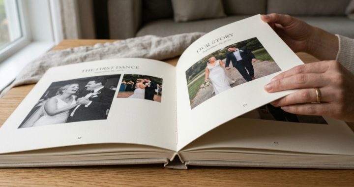 Open white leather wedding memory book on a rustic wooden table.