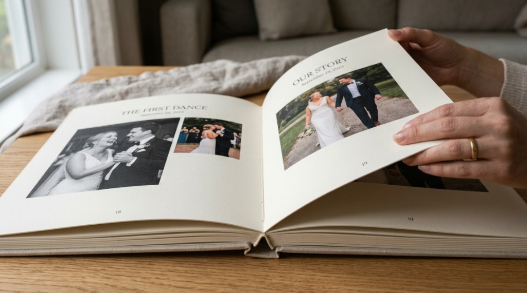 Open white leather wedding memory book on a rustic wooden table.