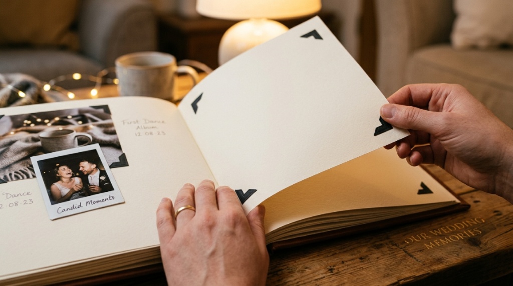 Hands turning blank photo album pages inside a wedding book.