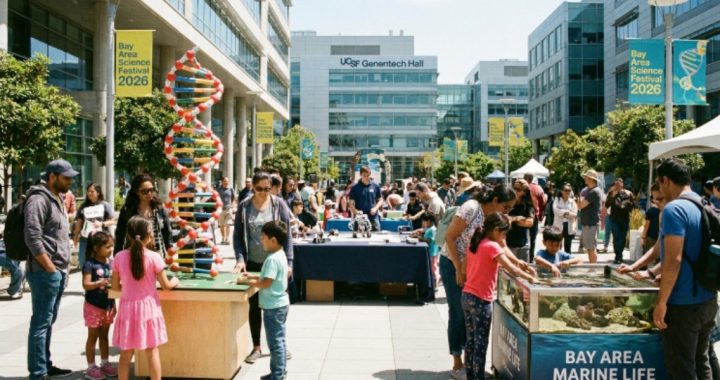 Families exploring hands-on science exhibits at the Bay Area Science Festival 2026 at UCSF Mission Bay Campus