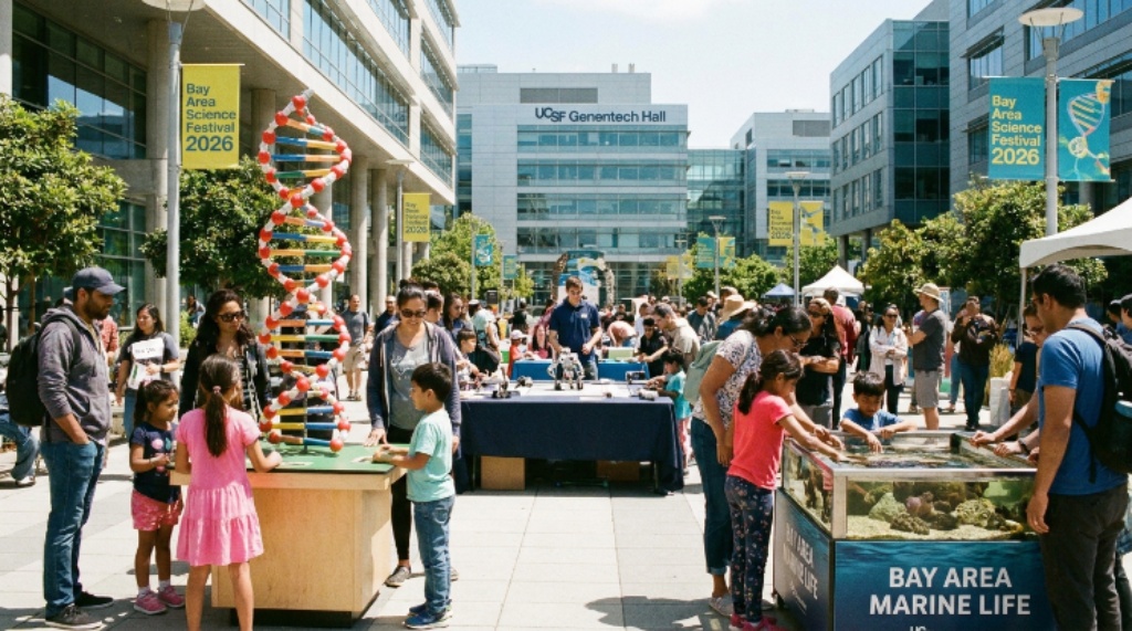 Families exploring hands-on science exhibits at the Bay Area Science Festival 2026 at UCSF Mission Bay Campus