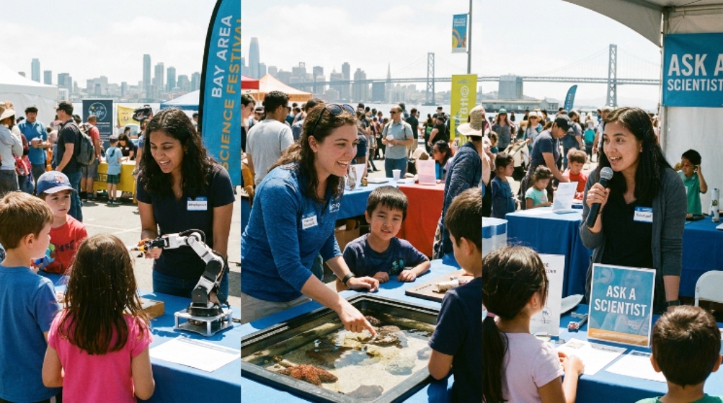 STEM role models speaking with young visitors at the Bay Area Science Festival exhibits in San Francisco