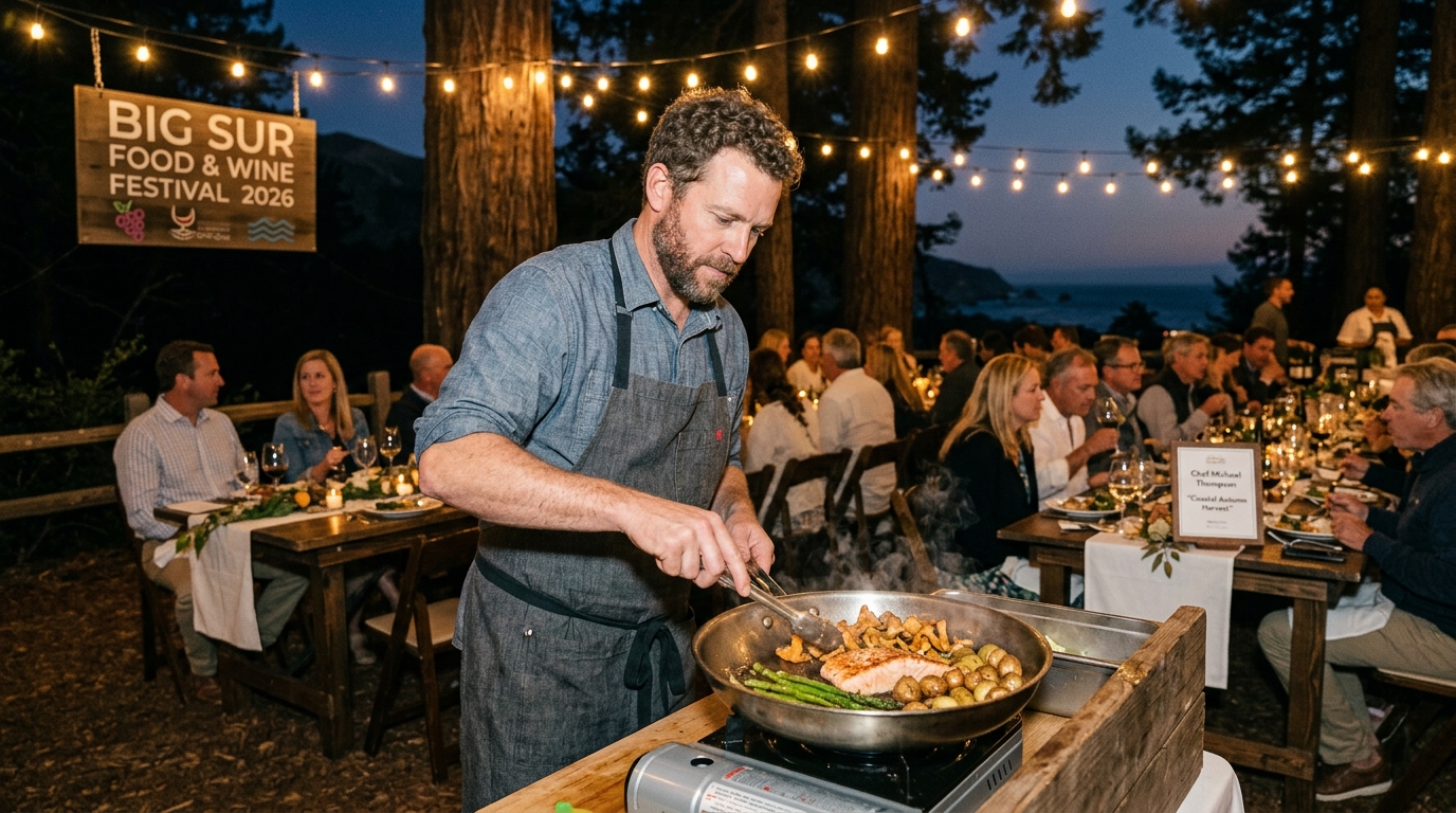 Chef preparing a seasonal dish at an outdoor dinner event during the Big Sur Food and Wine Festival 2026