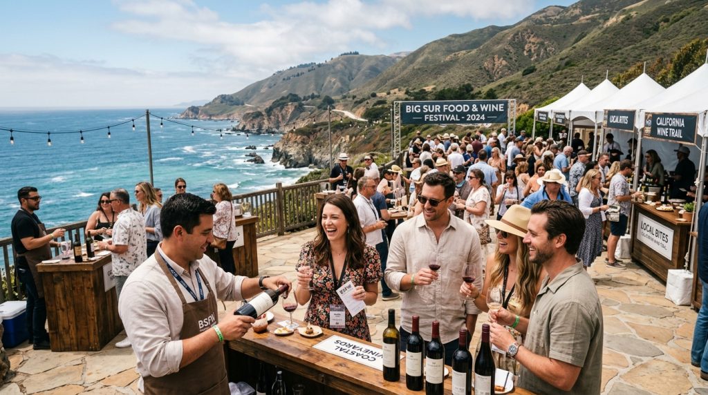 Guests enjoying wine tastings at the Big Sur Food and Wine Festival along the California coast