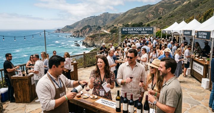 Guests enjoying wine tastings at the Big Sur Food and Wine Festival along the California coast