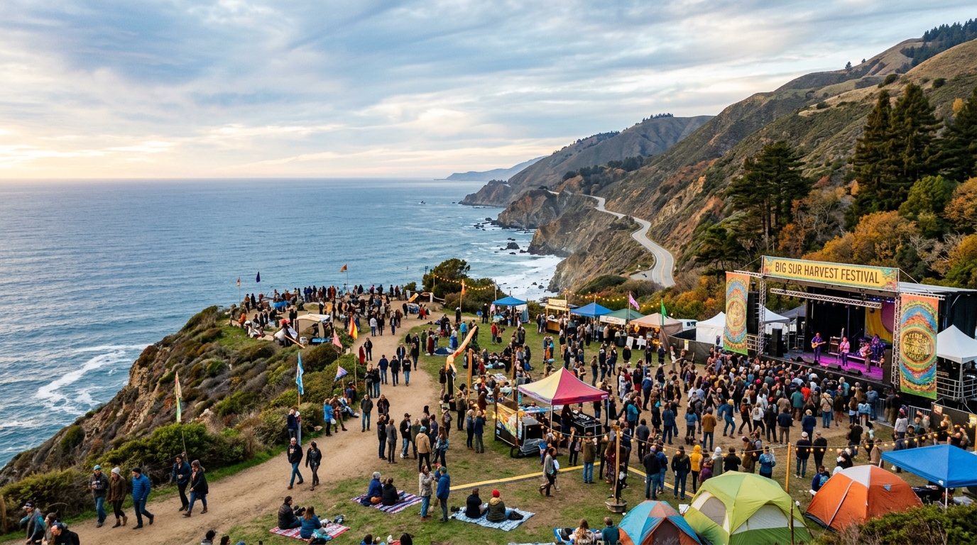 Panoramic view of the Pacific Ocean from a festival venue in Big Sur, California, in November