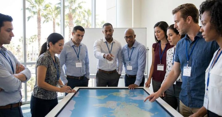 Florida traveler examining international convention center map inside airport terminal