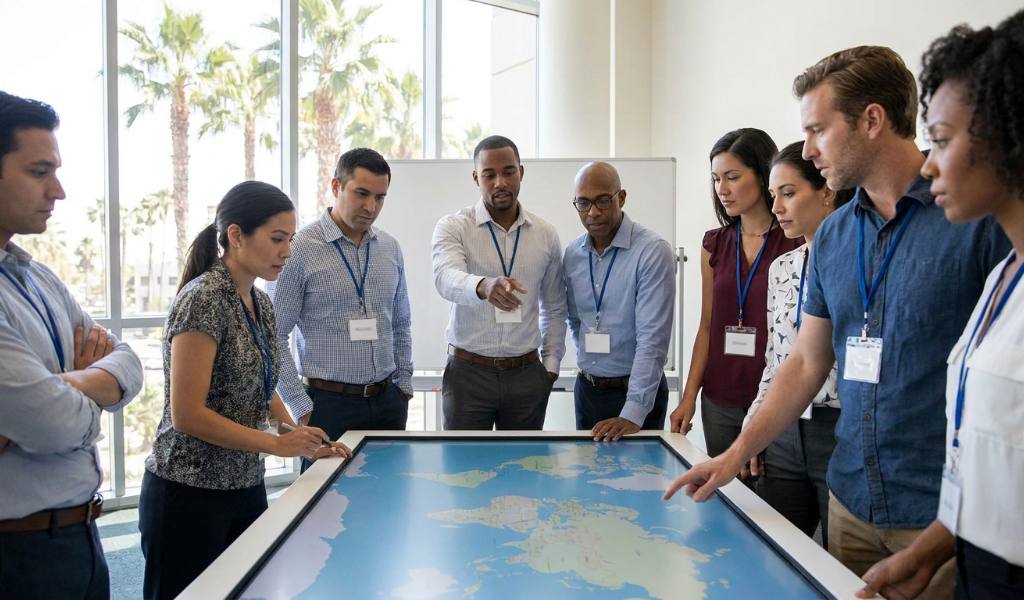 Florida traveler examining international convention center map inside airport terminal