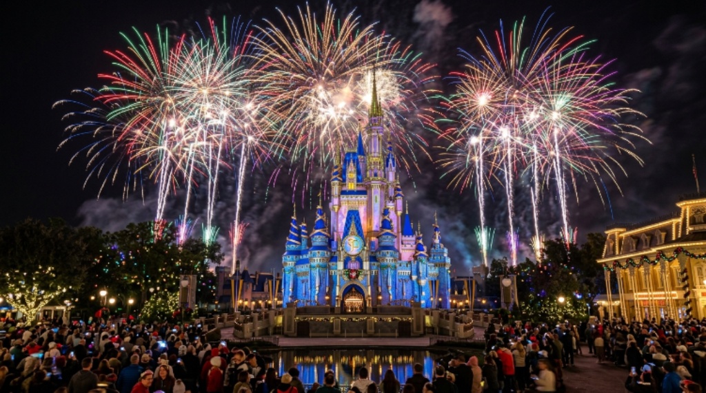 Colorful fireworks bursting above Cinderella Castle during Minnie's Wonderful Christmastime Fireworks at Walt Disney World