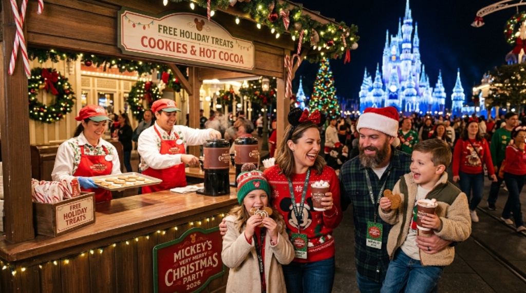 Families enjoying free holiday cookies and hot cocoa at a treat station during Mickey's Very Merry Christmas Party 2026
