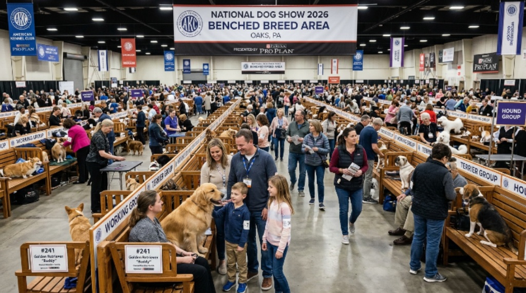 Families and visitors exploring the benched breed area at the National Dog Show 2026 in Oaks, PA