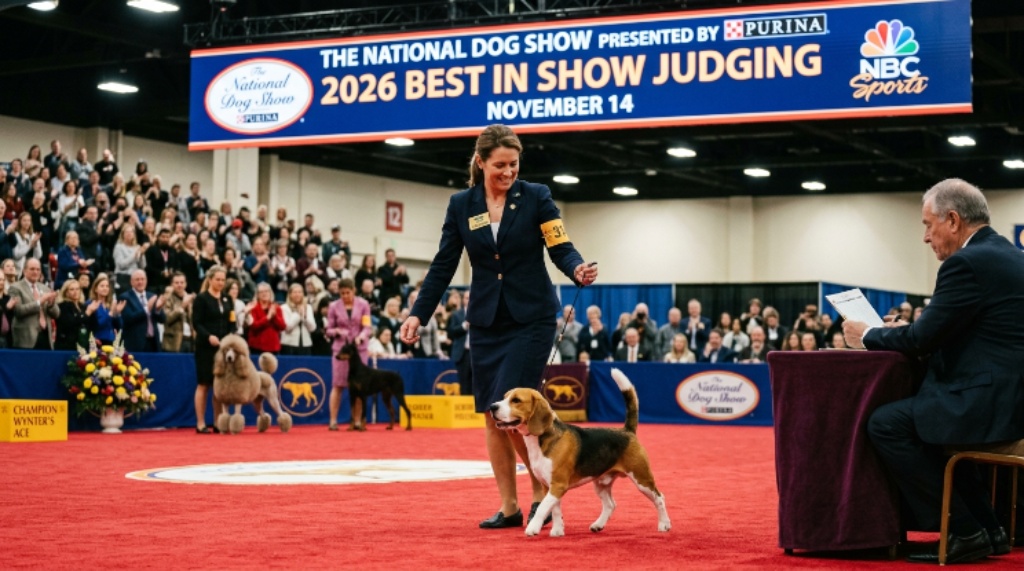 A handler presenting a dog during Best in Show judging at the National Dog Show 2026 on November 14