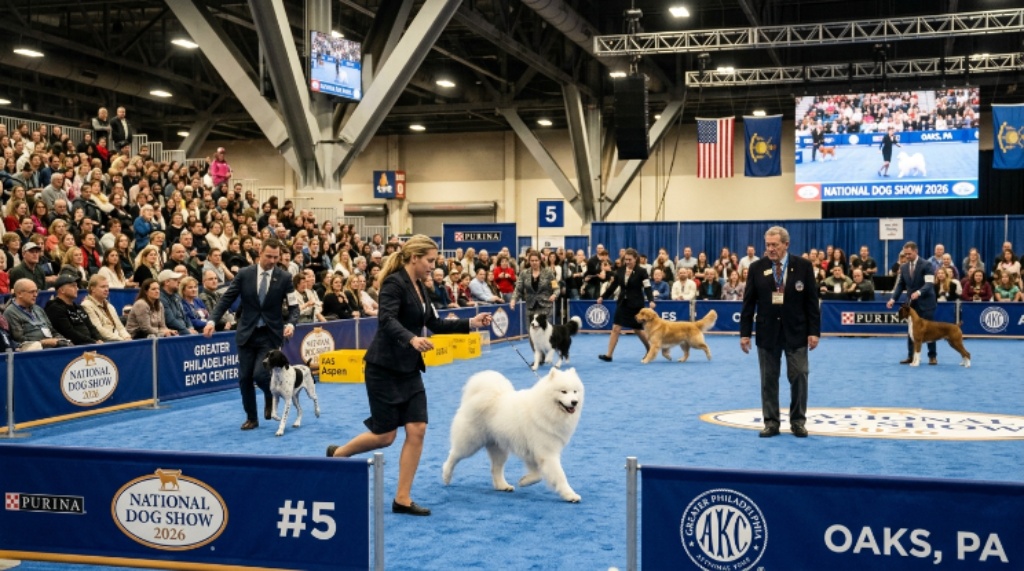 Purebred dogs competing in the ring at the National Dog Show 2026 at the Greater Philadelphia Expo Center in Oaks, Pennsylvania