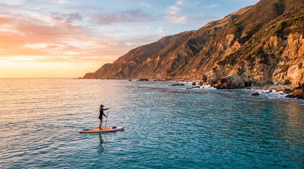 Paddle dipping into clear blue water on a paddleboard.