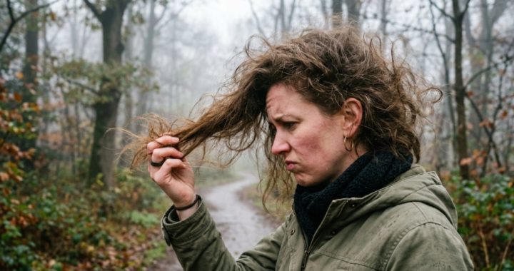 Woman with frizzy hair reacting to high humidity outdoors.