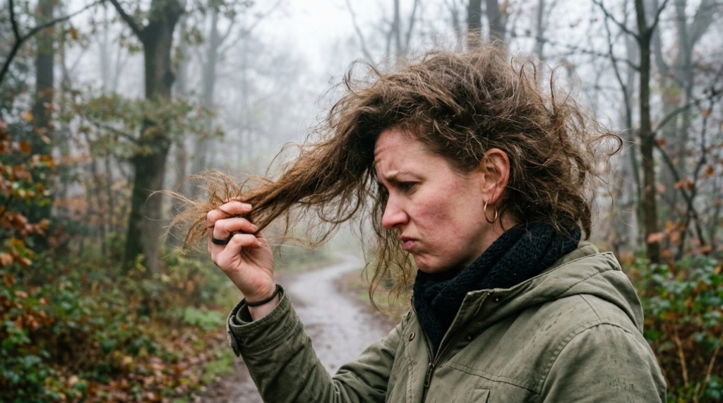 Woman with frizzy hair reacting to high humidity outdoors.