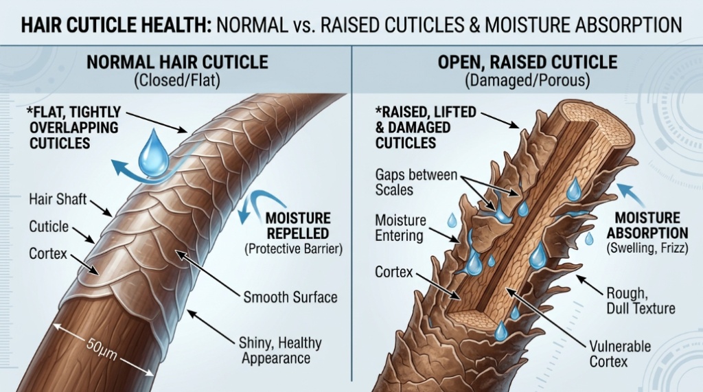 Microscopic comparison of flat and raised hair cuticles in humidity. (